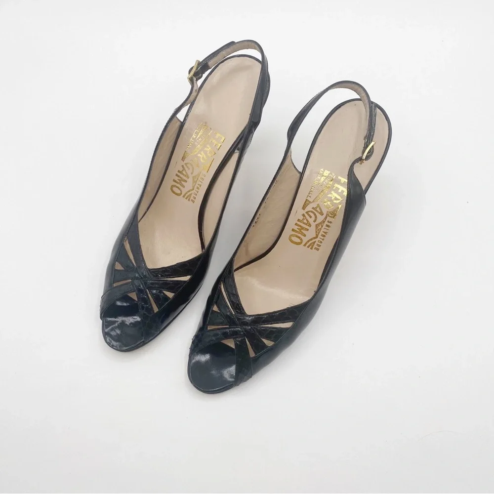 Salvatore Ferragamo Black Slingback Heels Party Cute Fancy Shoes 8.5 size